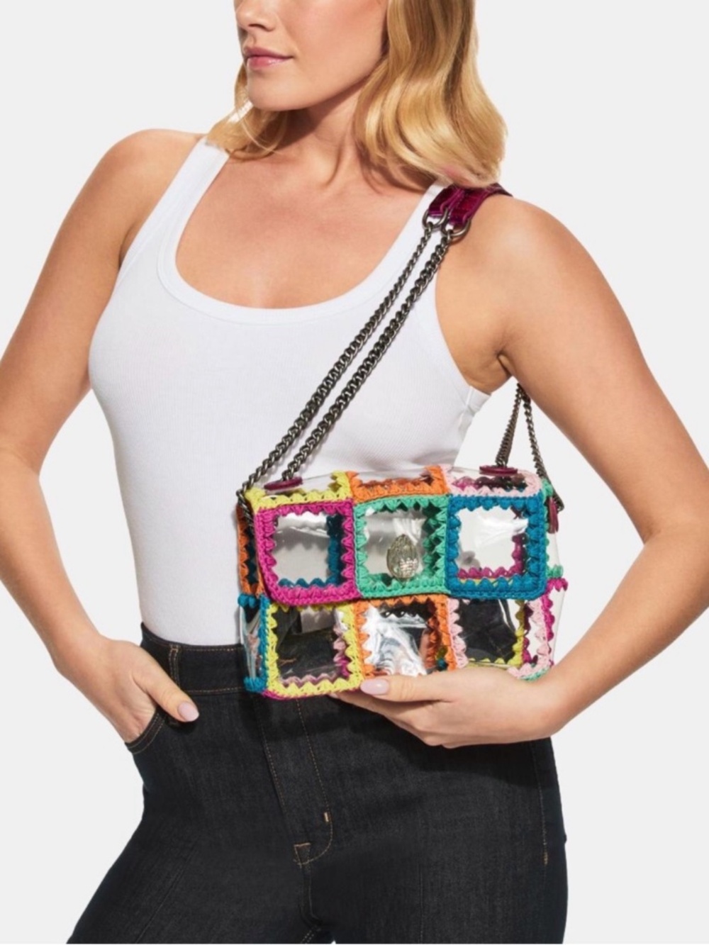 NWT Kurt Geiger London Medium Kensington Clear Rainbow Crochet Shoulder Bag - Picture 6 of 6